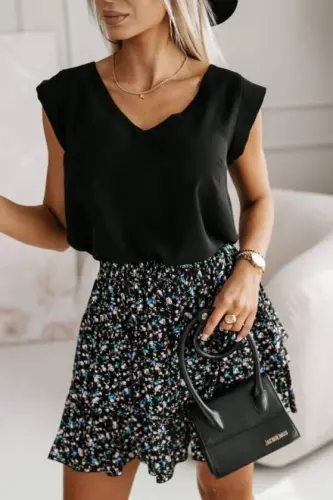 Kadın üst Sandy Kumaş Bluz, Alt çiçek Desenli Süprem Kumaş Etek Ikili Takım - 3