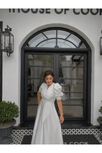 KADIN UZUN BALON KOL LAVİN ABİYE ELBİSE - BEYAZ - BAHARYAMAÇLI (1)