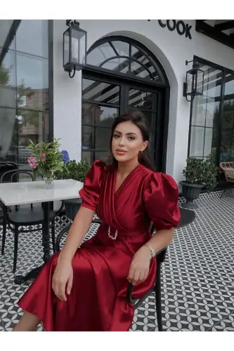 KADIN UZUN BALON KOL LAVİN ABİYE ELBİSE - BORDO - 3