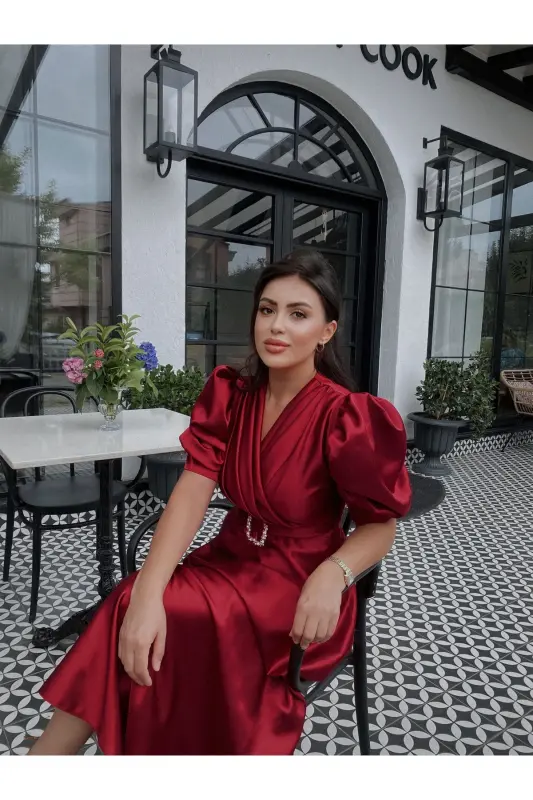 KADIN UZUN BALON KOL LAVİN ABİYE ELBİSE - BORDO - 3