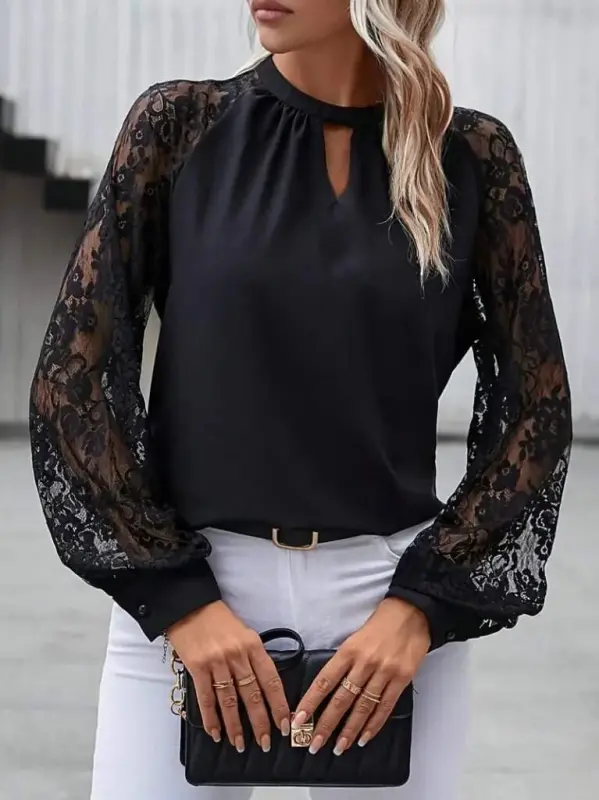 Kadın Uzun Dantel Kollu Yuvarlak Yakalı Sandy Bluz - 2