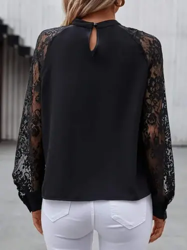 Kadın Uzun Dantel Kollu Yuvarlak Yakalı Sandy Bluz - 4