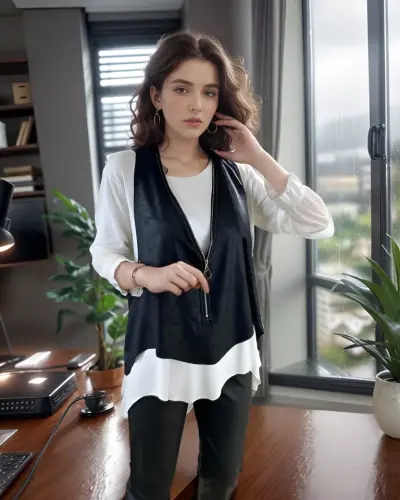 Kadın Uzun Kol Asimetrik Kesim Viskon Bluz Ve çatlak Deri Görünümlü Fermuar Detaylı Yelek Ikili Takım - 1