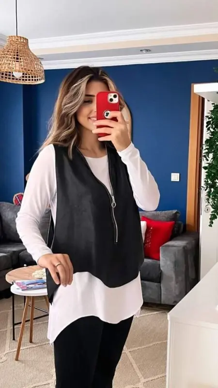Kadın Uzun Kol Asimetrik Kesim Viskon Bluz Ve çatlak Deri Görünümlü Fermuar Detaylı Yelek Ikili Takım - BÜYÜKBEDENIZ