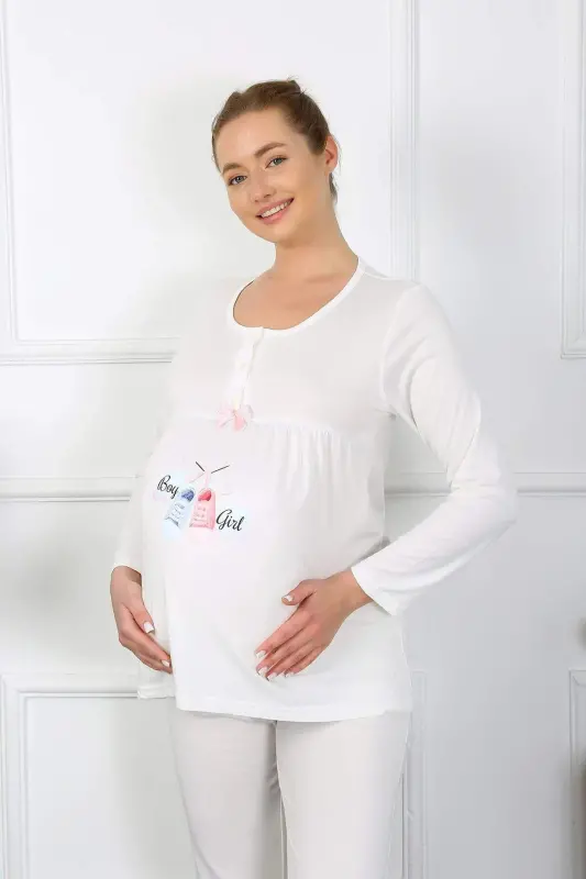 Kadın Uzun Kol Hamile Lohusa Pijama Takımı Ekru 45501 - 8