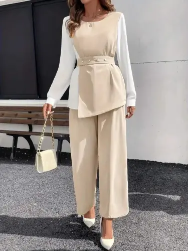 Kadın Uzun Kollu Açık Yakalı çift Renkli Kemerli Ithal Krep Ikili Takım - 3