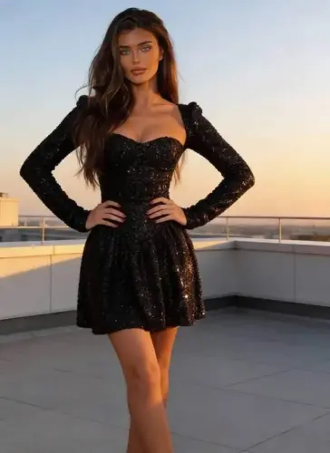 Kadın Uzun Kollu Armut Yaka Pul Payet Işlemeli Mini Gece Elbisesi - 1