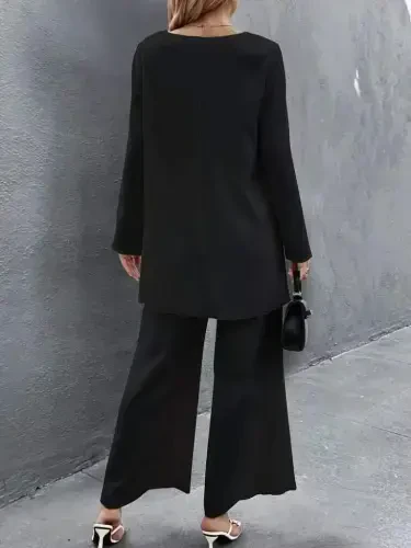 Kadın Uzun Kollu Asimetrik Detaylı Salaş Sandy Bluz Ve Pantolon Ikili Takım - 2