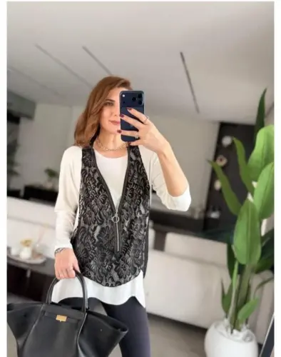 Kadın Uzun Kollu Asimetrik Kesim Bluz Ve Dantel Güpür Transparan Detay Fermuarlı Yelek Ikili Takım - BÜYÜKBEDENIZ (1)