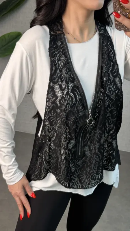 Kadın Uzun Kollu Asimetrik Kesim Bluz Ve Dantel Güpür Transparan Detay Fermuarlı Yelek Ikili Takım - 4