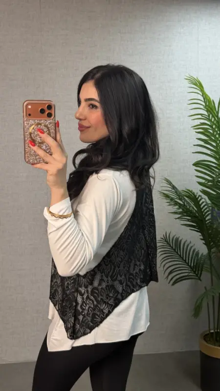 Kadın Uzun Kollu Asimetrik Kesim Bluz Ve Dantel Güpür Transparan Detay Fermuarlı Yelek Ikili Takım - 5