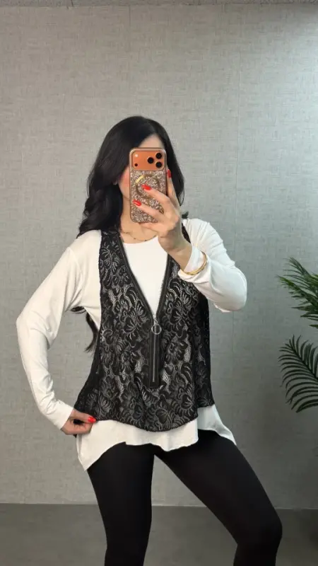 Kadın Uzun Kollu Asimetrik Kesim Bluz Ve Dantel Güpür Transparan Detay Fermuarlı Yelek Ikili Takım - 6