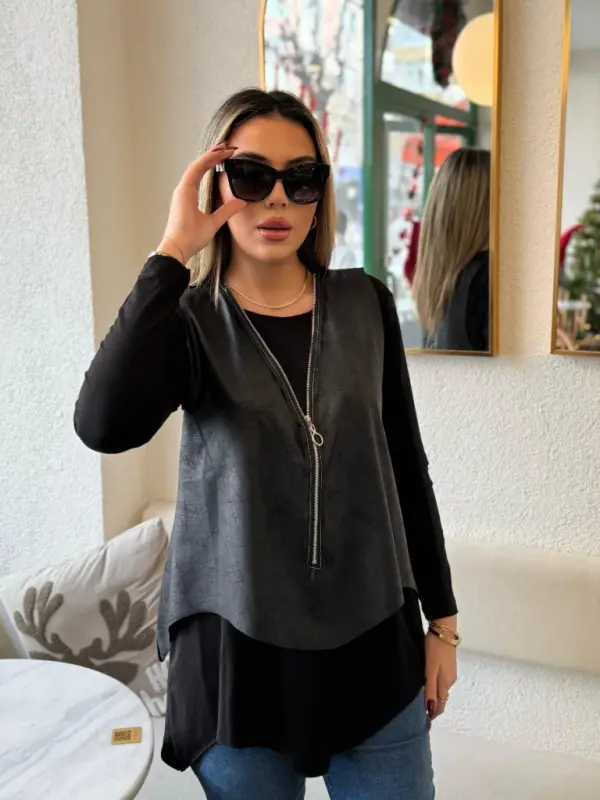 Kadın Uzun Kollu Asimetrik Kesim Viskon Bluz Ve çatlak Deri Görünümlü Yelek Ikili Takım - 7