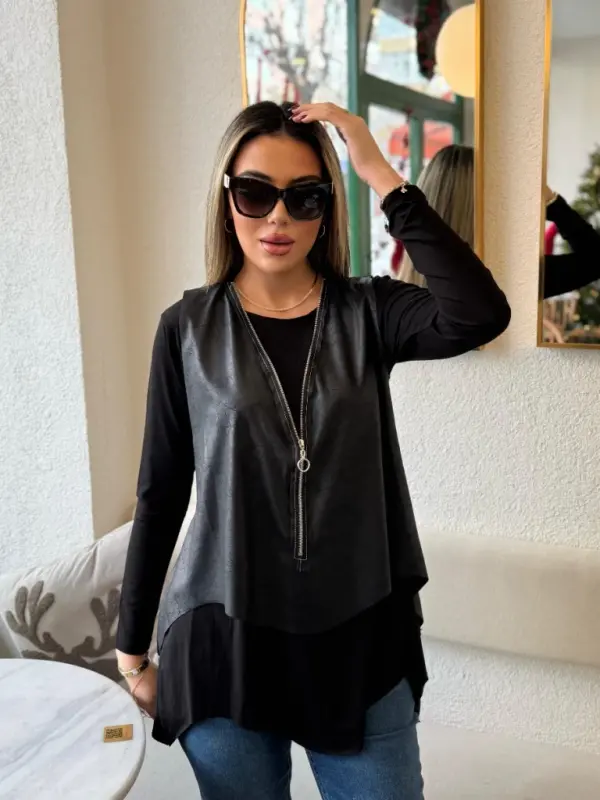 Kadın Uzun Kollu Asimetrik Kesim Viskon Bluz Ve çatlak Deri Görünümlü Yelek Ikili Takım - 8