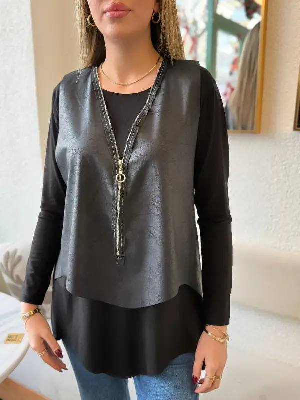 Kadın Uzun Kollu Asimetrik Kesim Viskon Bluz Ve çatlak Deri Görünümlü Yelek Ikili Takım - 9