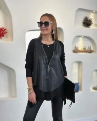 Kadın Uzun Kollu Asimetrik Kesim Viskon Bluz Ve çatlak Deri Görünümlü Yelek Ikili Takım - 1