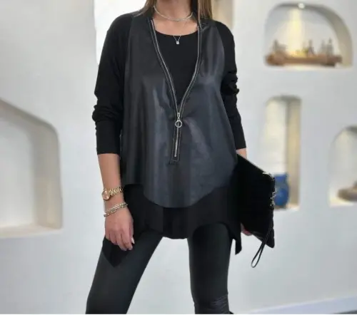 Kadın Uzun Kollu Asimetrik Kesim Viskon Bluz Ve çatlak Deri Görünümlü Yelek Ikili Takım - 2