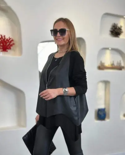 Kadın Uzun Kollu Asimetrik Kesim Viskon Bluz Ve çatlak Deri Görünümlü Yelek Ikili Takım - 3