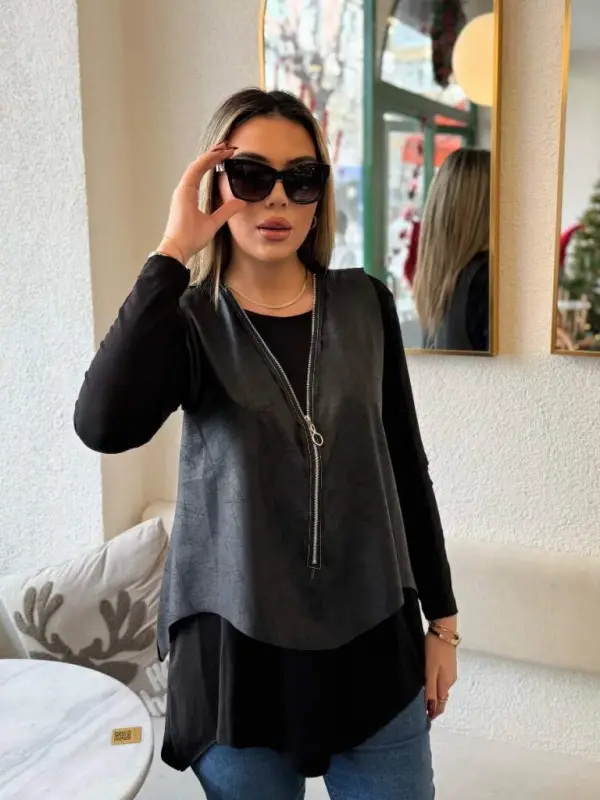 Kadın Uzun Kollu Asimetrik Kesim Viskon Bluz Ve çatlak Deri Görünümlü Yelek Ikili Takım - 5