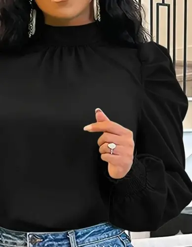 Kadın Uzun Kollu Balıkçı Yaka Arkadan Bağlamalı Omuzlardan Balon Ithal Krep Bluz - 2