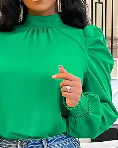 Kadın Uzun Kollu Balıkçı Yaka Arkadan Bağlamalı Omuzlardan Balon Ithal Krep Bluz - BÜYÜKBEDENIZ (1)