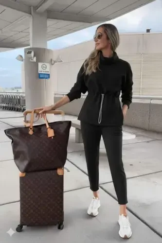 Kadın Uzun Kollu Balıkçı Yaka Belden Lastikli Modal Bluz Ve Pantolon Ikili Takım - 3