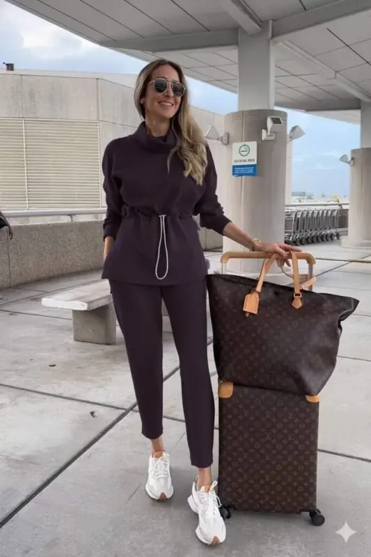 Kadın Uzun Kollu Balıkçı Yaka Belden Lastikli Modal Bluz Ve Pantolon Ikili Takım - BÜYÜKBEDENIZ