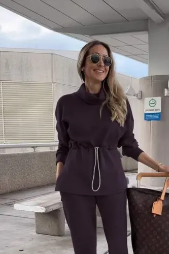 Kadın Uzun Kollu Balıkçı Yaka Belden Lastikli Modal Bluz Ve Pantolon Ikili Takım - 2