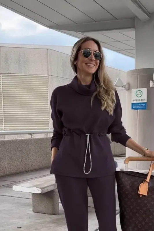 Kadın Uzun Kollu Balıkçı Yaka Belden Lastikli Modal Bluz Ve Pantolon Ikili Takım - 2