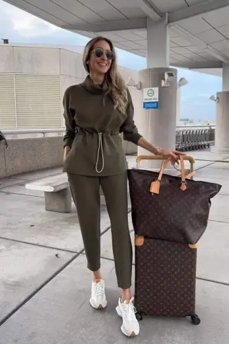 Kadın Uzun Kollu Balıkçı Yaka Belden Lastikli Modal Bluz Ve Pantolon Ikili Takım - BÜYÜKBEDENIZ (1)