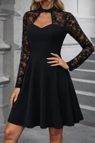 Kadın Uzun Kollu Balıkçı Yaka Dantelli Ithal Krep Kısa Kiloş Elbise - 1