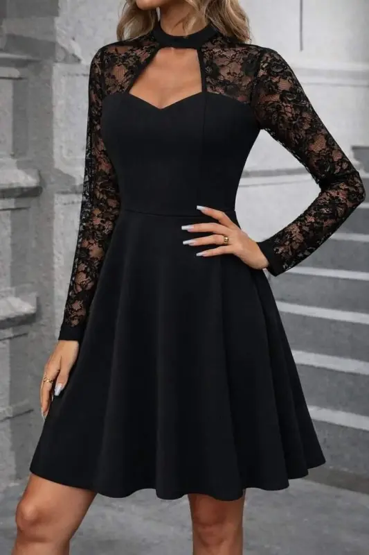 Kadın Uzun Kollu Balıkçı Yaka Dantelli Ithal Krep Kısa Kiloş Elbise - 1