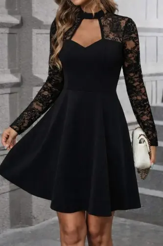 Kadın Uzun Kollu Balıkçı Yaka Dantelli Ithal Krep Kısa Kiloş Elbise - 2