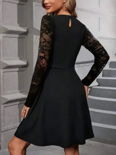 Kadın Uzun Kollu Balıkçı Yaka Dantelli Ithal Krep Kısa Kiloş Elbise - 3