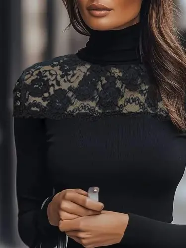 Kadın Uzun Kollu Balıkçı Yaka Dantelli Kaşkorse Bluz - 3