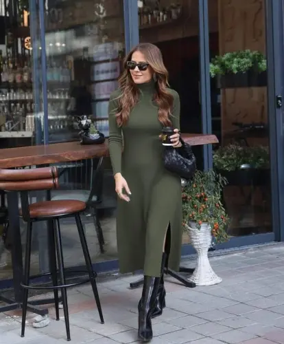 Kadın Uzun Kollu Balıkçı Yaka Derin Yırtmaç Detay Krep Elbise - 1