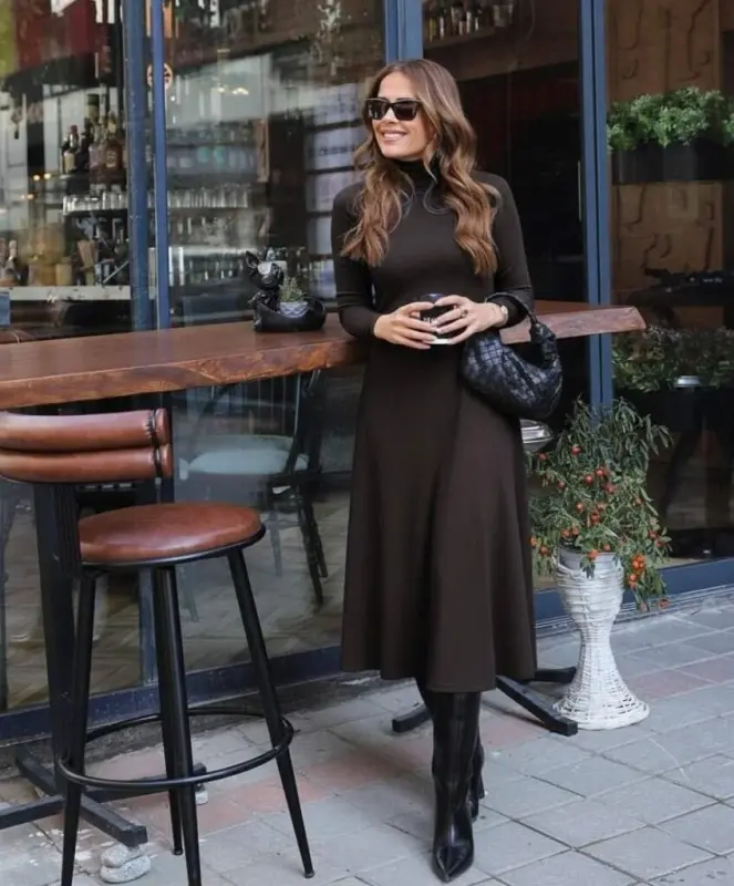 Kadın Uzun Kollu Balıkçı Yaka Derin Yırtmaç Detay Krep Elbise - 2