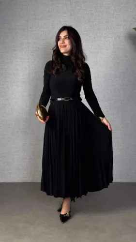 Kadın Uzun Kollu Balıkçı Yaka Kemersiz Pileli Uzun Sandy Elbise - 1