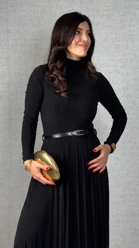 Kadın Uzun Kollu Balıkçı Yaka Kemersiz Pileli Uzun Sandy Elbise - 2