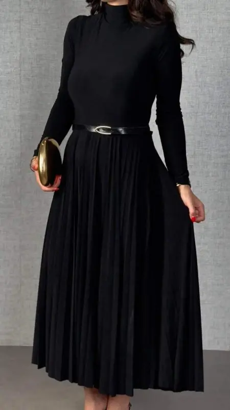 Kadın Uzun Kollu Balıkçı Yaka Kemersiz Pileli Uzun Sandy Elbise - 3