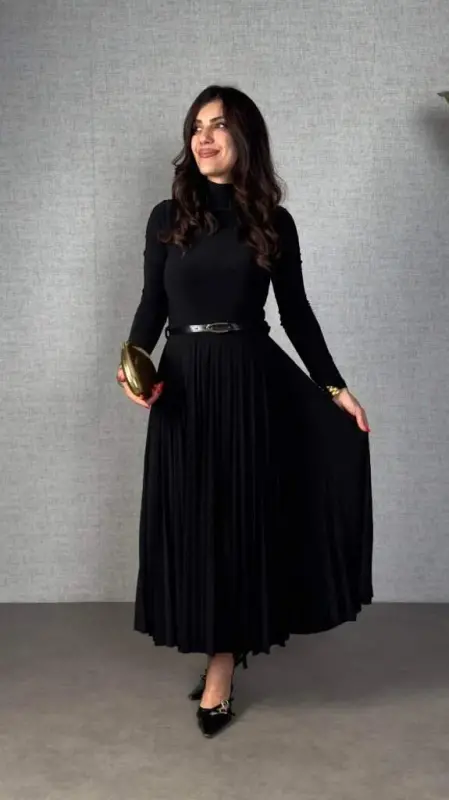 Kadın Uzun Kollu Balıkçı Yaka Kemersiz Pileli Uzun Sandy Elbise - 1