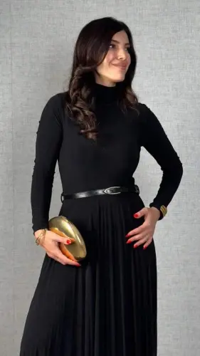 Kadın Uzun Kollu Balıkçı Yaka Kemersiz Pileli Uzun Sandy Elbise - BÜYÜKBEDENIZ (1)