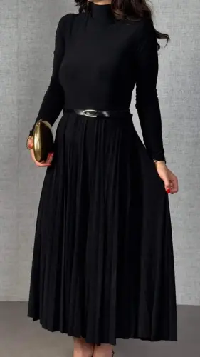 Kadın Uzun Kollu Balıkçı Yaka Kemersiz Pileli Uzun Sandy Elbise - 3