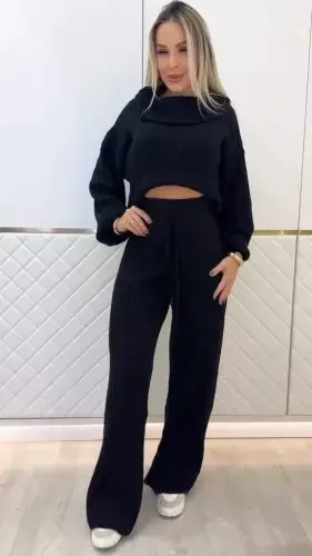 Kadın Uzun Kollu Balıkçı Yaka Kısa Triko Bluz Ve Pantolon Ikili Takım - 2