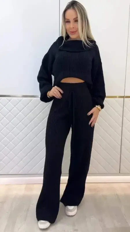 Kadın Uzun Kollu Balıkçı Yaka Kısa Triko Bluz Ve Pantolon Ikili Takım - 2