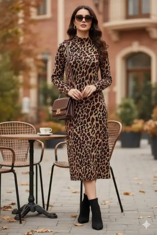 Kadın Uzun Kollu Balıkçı Yaka Leopar Desenli Midi Boy Elbise - 3