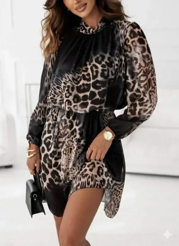 Kadın Uzun Kollu Balıkçı Yaka Leopar Desenli şifon Mini Elbise - 3