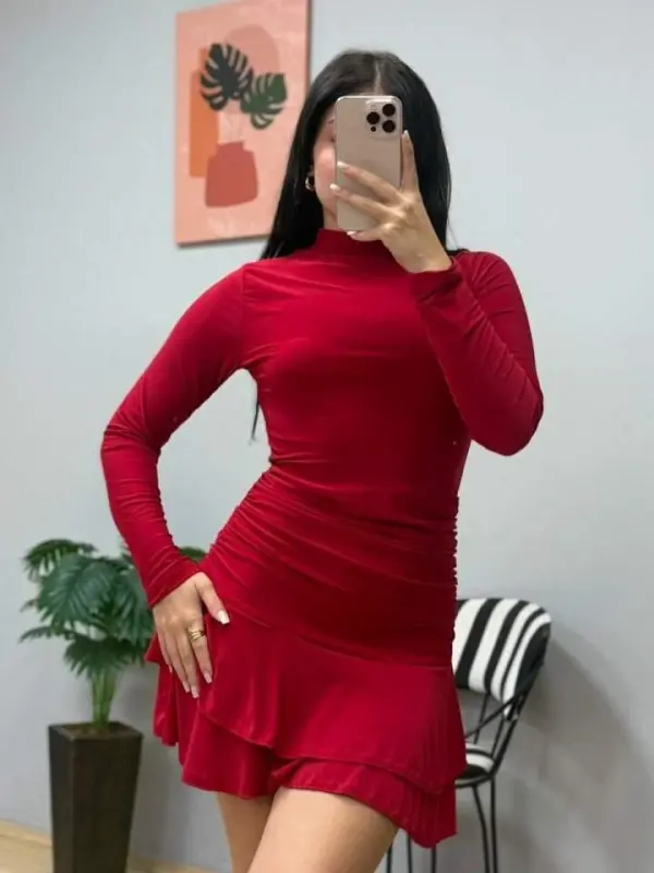 Kadın Uzun Kollu Balıkçı Yaka Mini Fırfırlı Sandy Elbise - 1