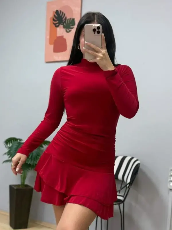 Kadın Uzun Kollu Balıkçı Yaka Mini Fırfırlı Sandy Elbise - 2