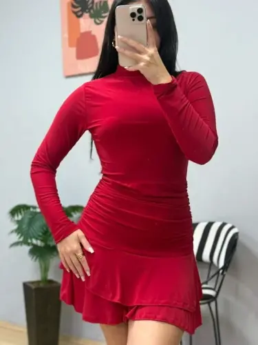 Kadın Uzun Kollu Balıkçı Yaka Mini Fırfırlı Sandy Elbise - 3